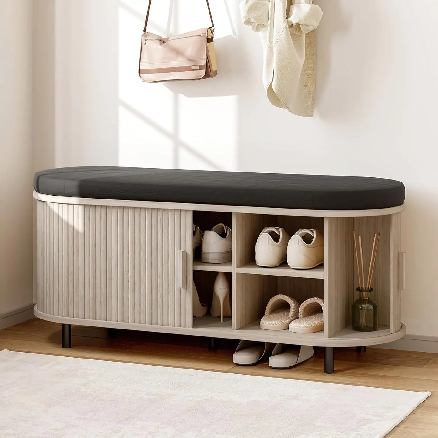 Fluted Shoe Bench with Cushion, Sliding Door