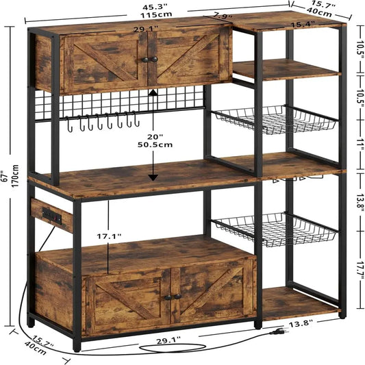 Bakers Rack with 2 Storage Cabinets and Outlet