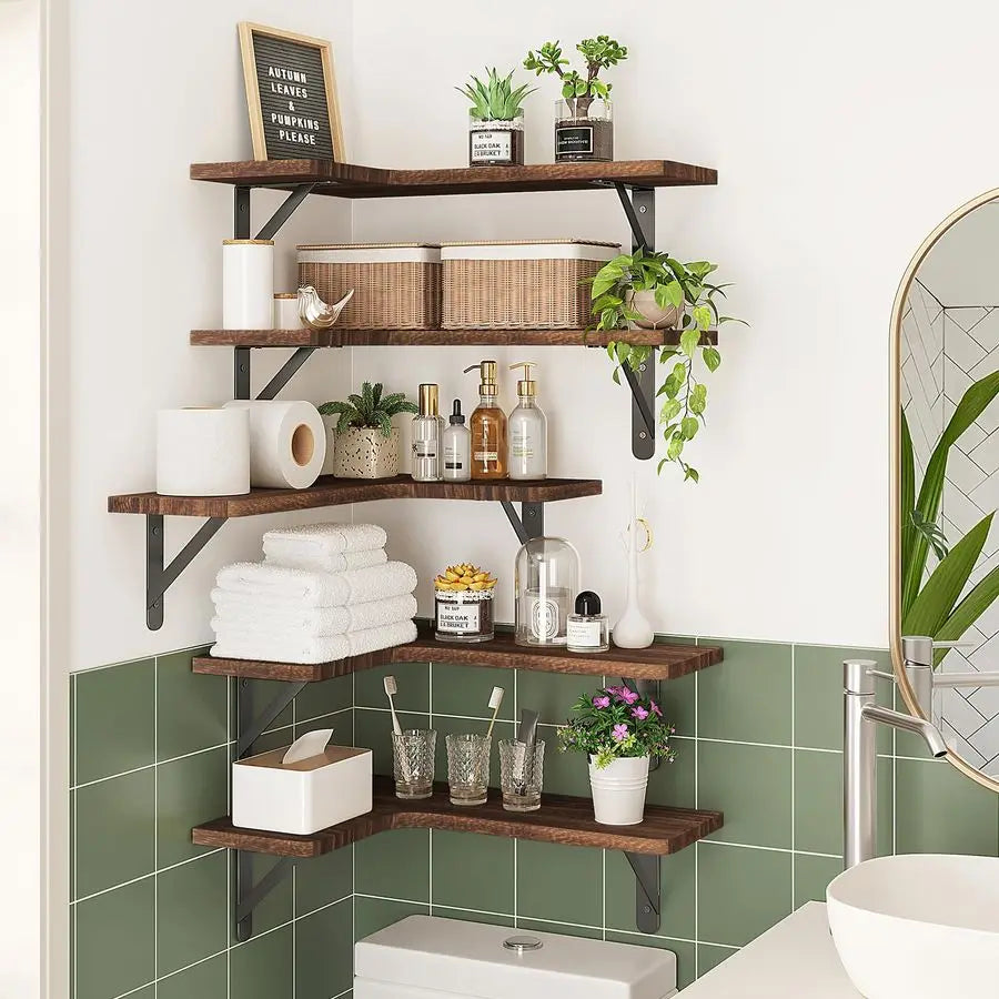 Floating Shelves for Wall, Rustic Wood Wall Mounted Corner Shelf for Bathroom, Kitchen, Bedroom, Home Decor, Laundry Room, Livin