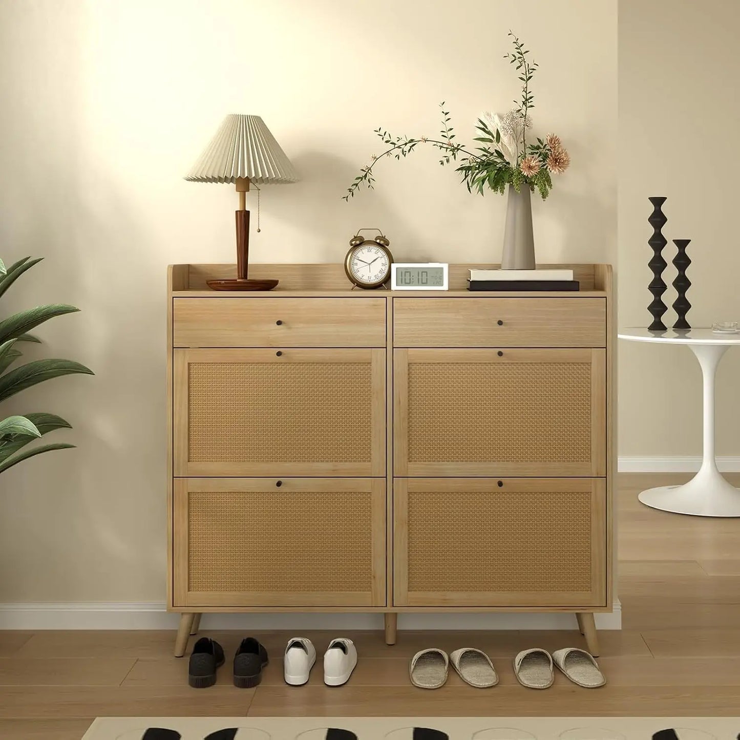 Rattan Cabinet Storage with 4 Flip Drawers