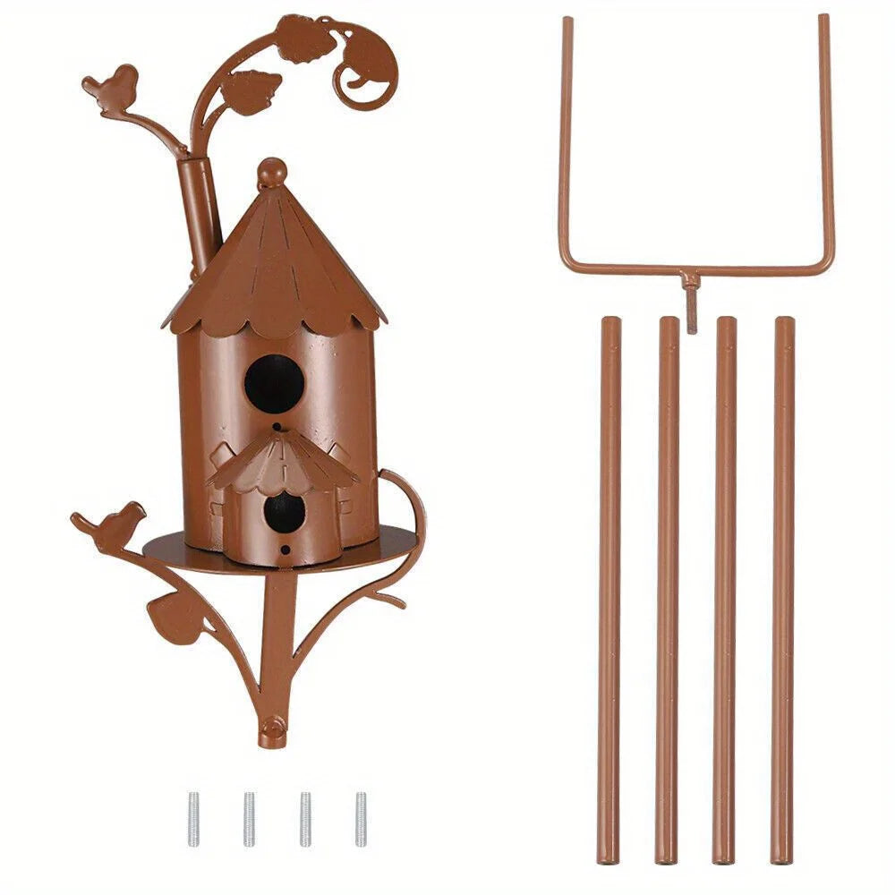 Rustic Bird House Stand Garden Yard Decor