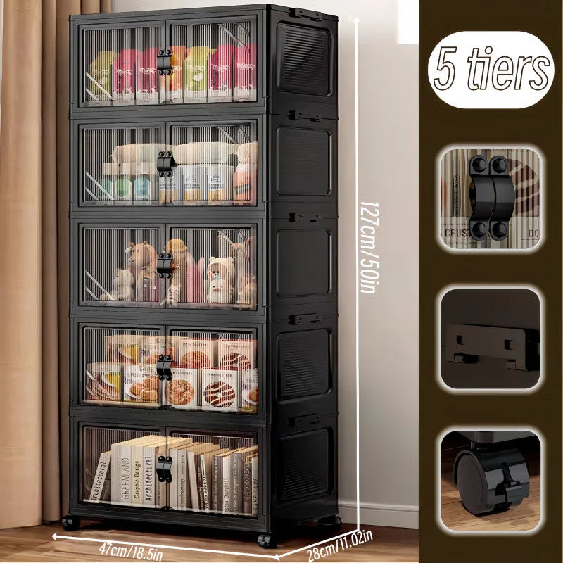 Foldable and stackable cabinet with clear doors