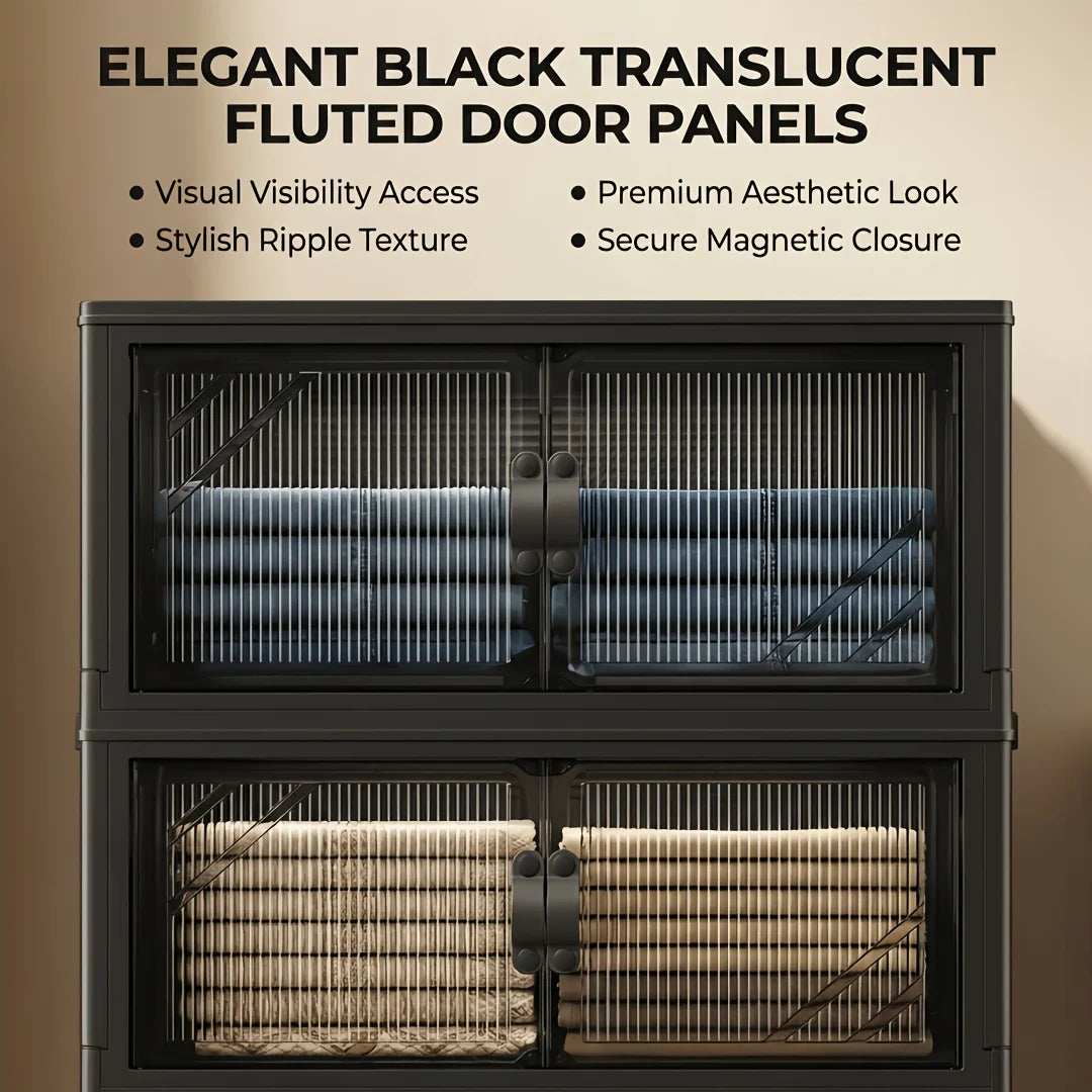 Foldable and stackable cabinet with clear doors