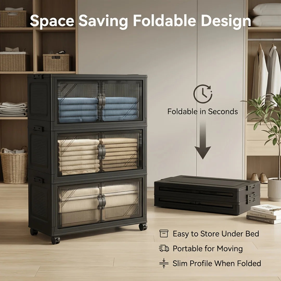 Foldable and stackable cabinet with clear doors