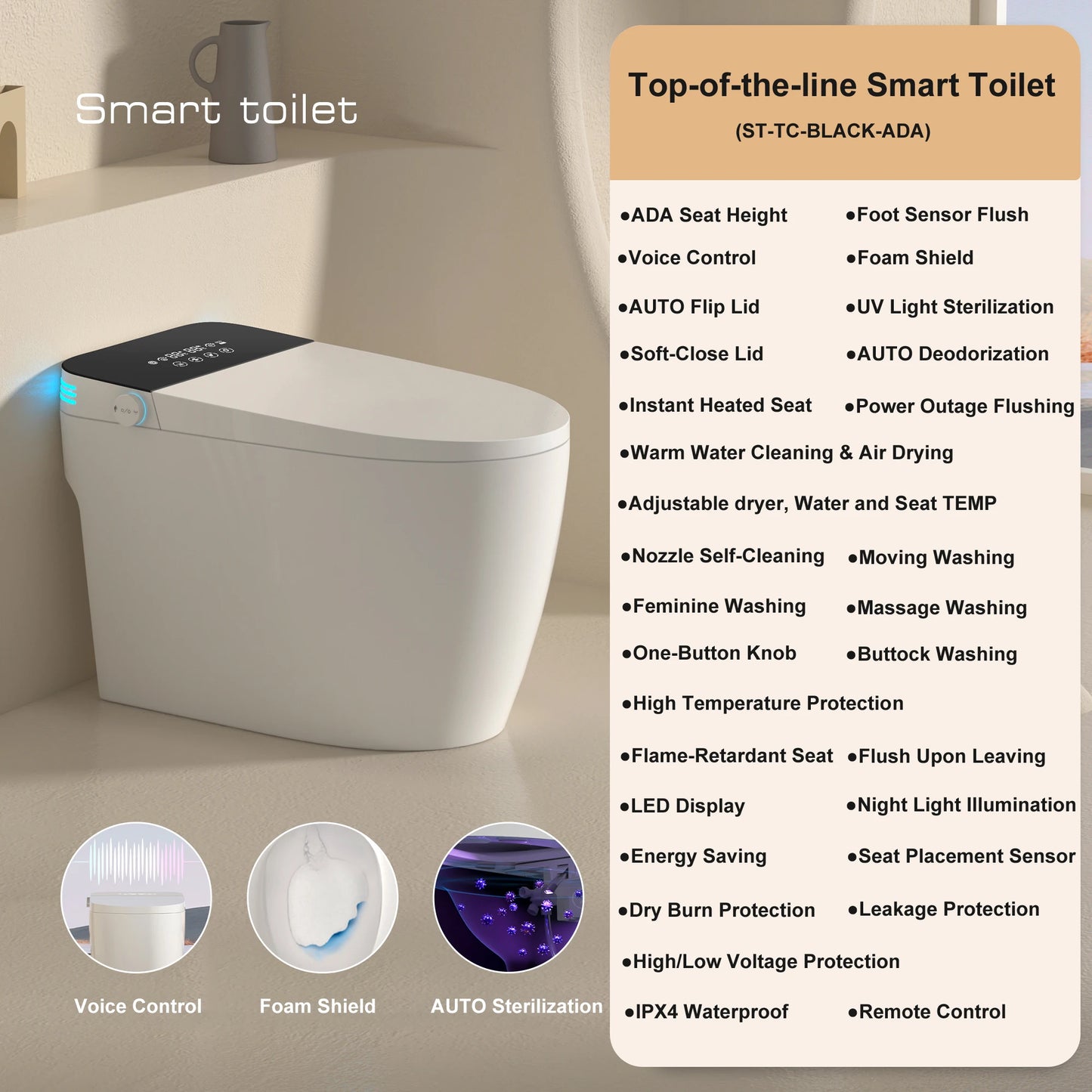 Smart Toilet with Built-in Bidet, AUTO Open/Close