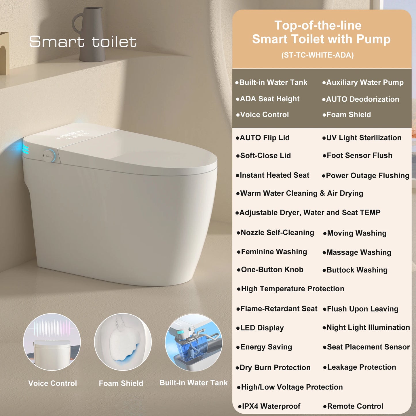 Smart Toilet with Built-in Bidet, AUTO Open/Close