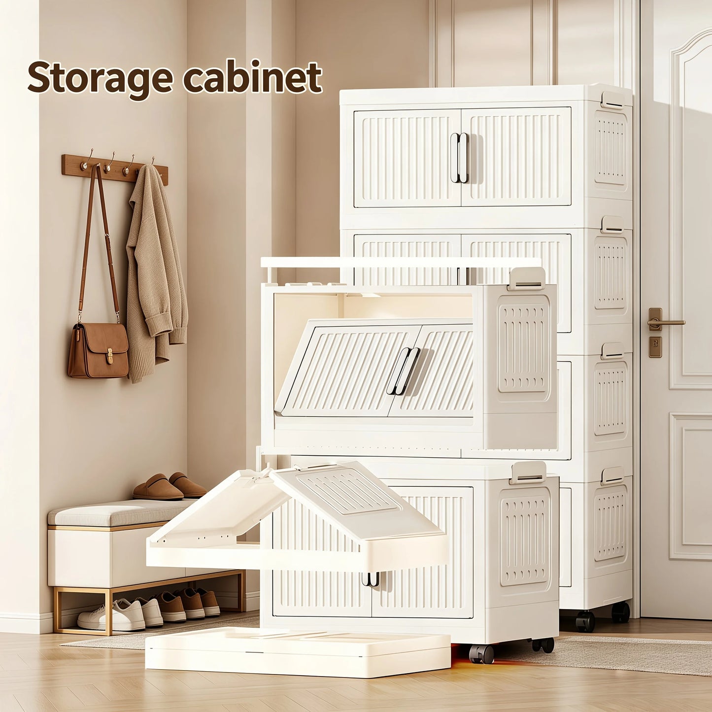 White stackable and foldable storage cabinet