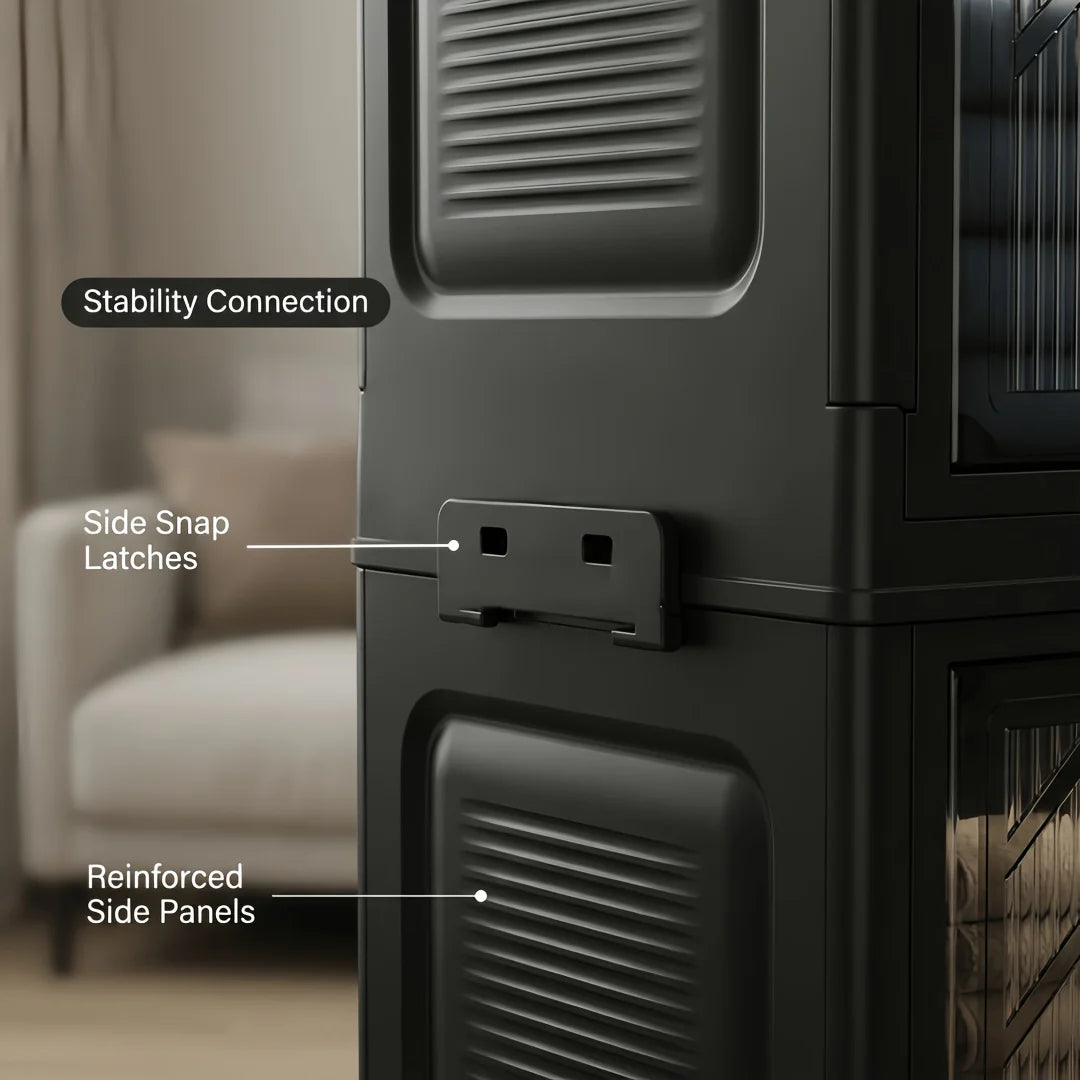 Foldable and stackable cabinet with clear doors