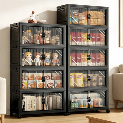 Foldable and stackable cabinet with clear doors