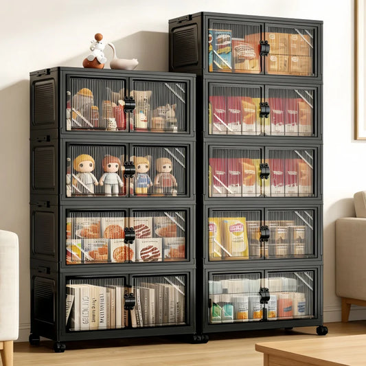 Foldable and stackable cabinet with clear doors