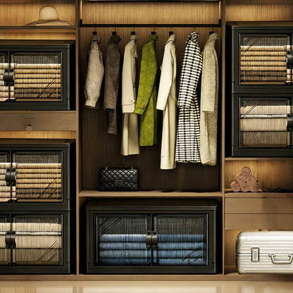 Foldable and stackable cabinet with clear doors