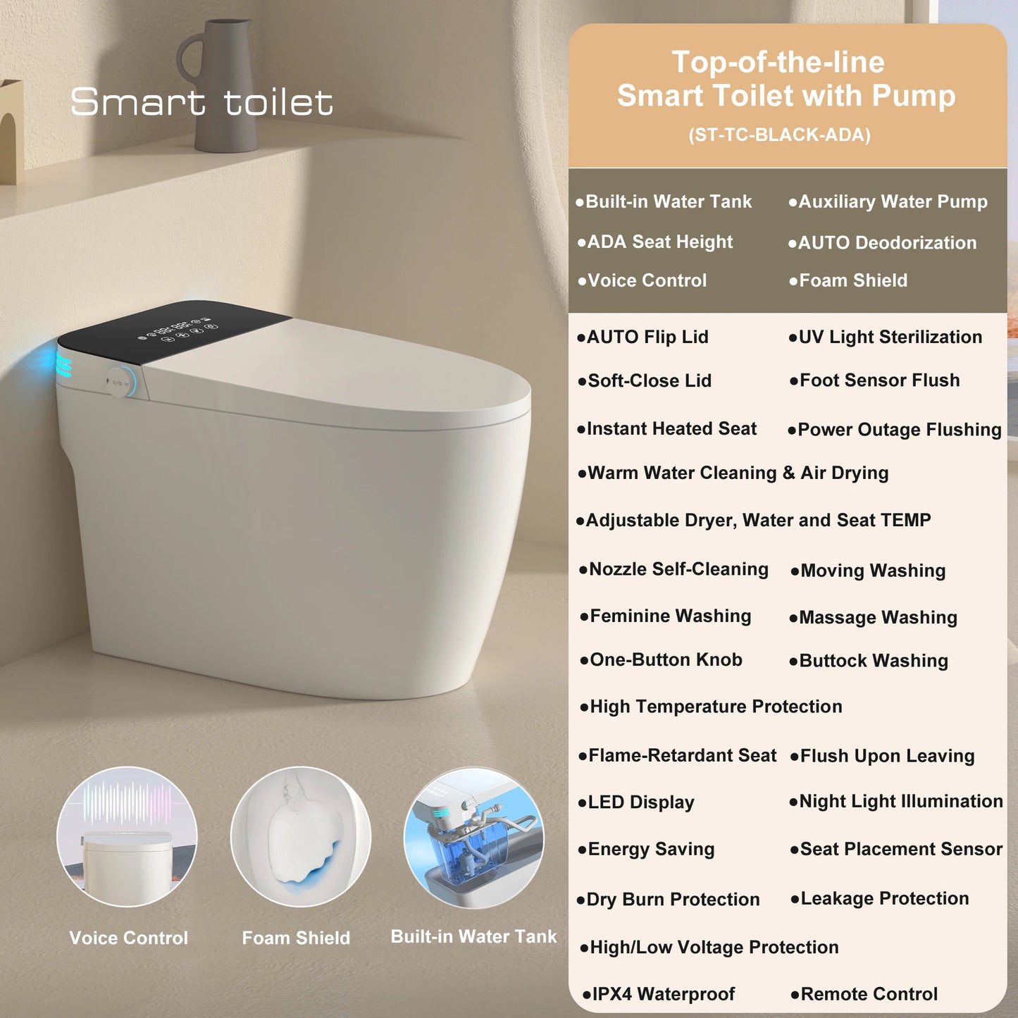 Smart Toilet with Built-in Bidet, AUTO Open/Close