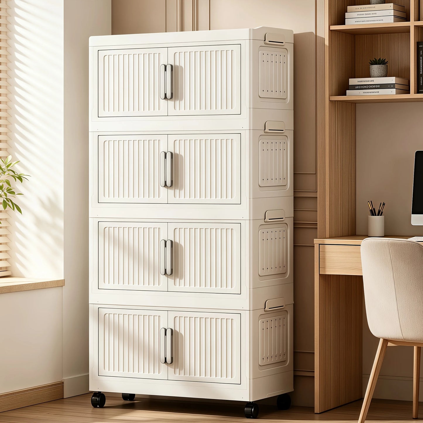 White stackable and foldable storage cabinet