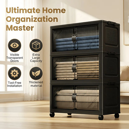 Foldable and stackable cabinet with clear doors