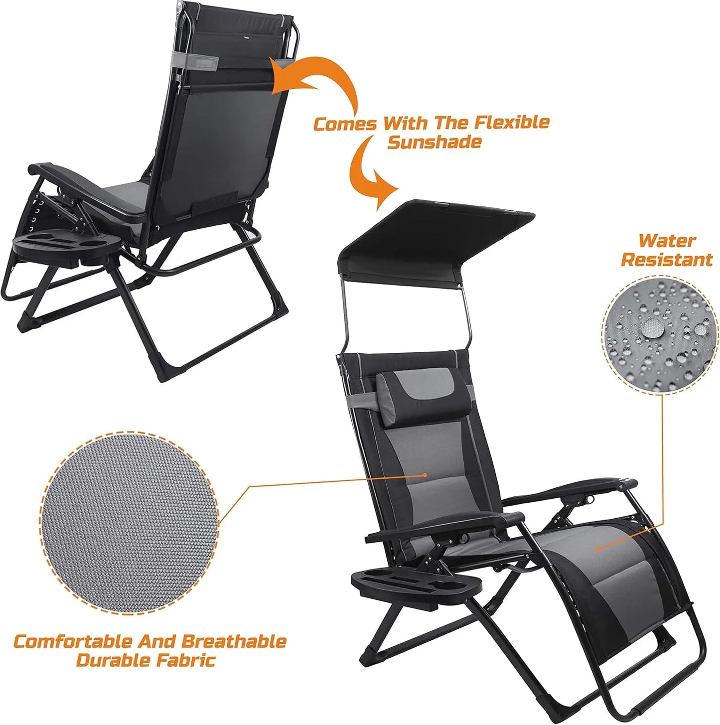 Oversize Recliner Folding  Patio Chairs with Sunshade