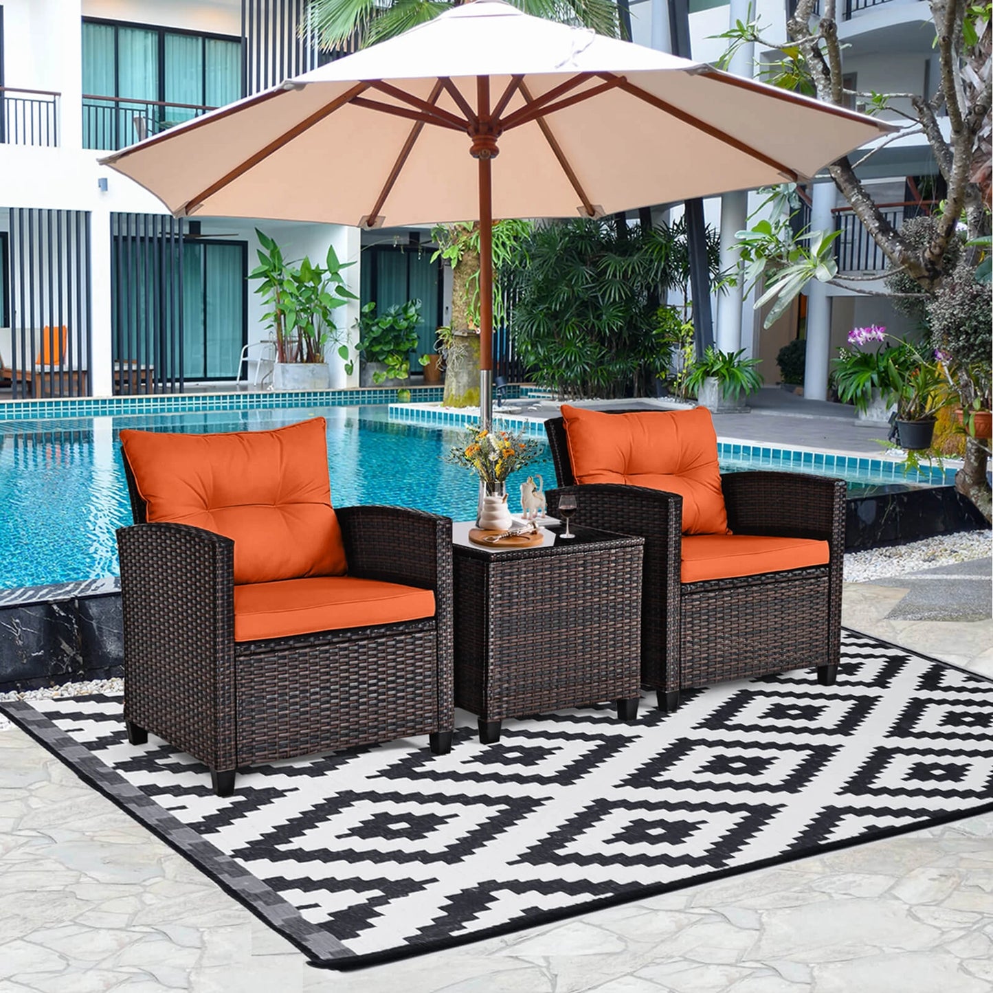 3 PCS Patio Furniture Set Cushioned Orange
