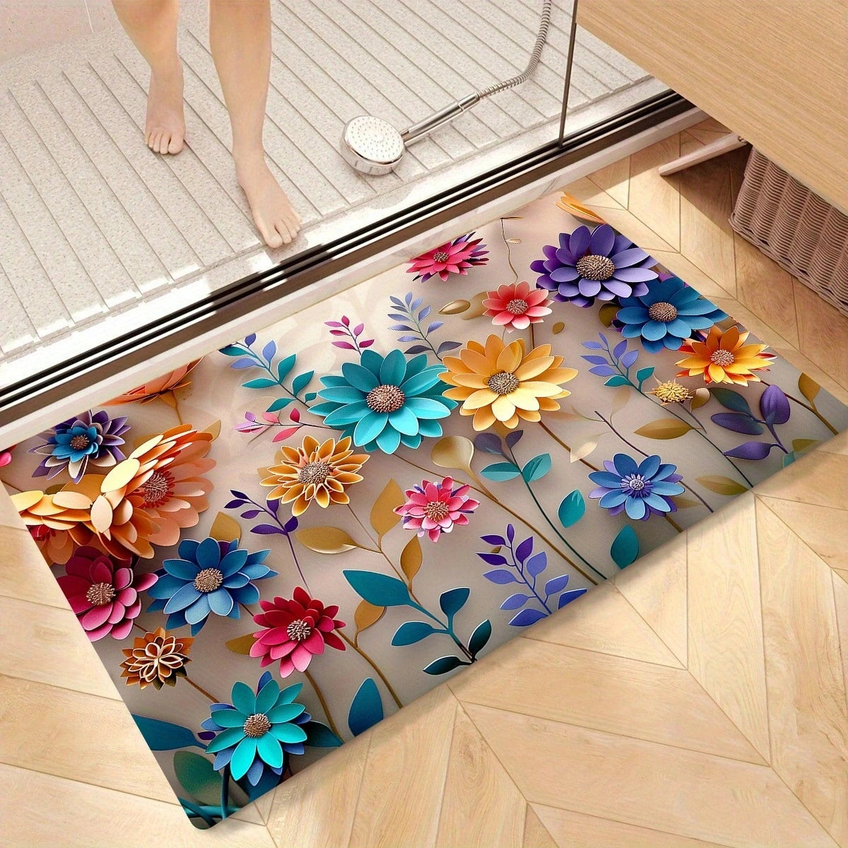 1pc multi-color floral print design bathroom mat