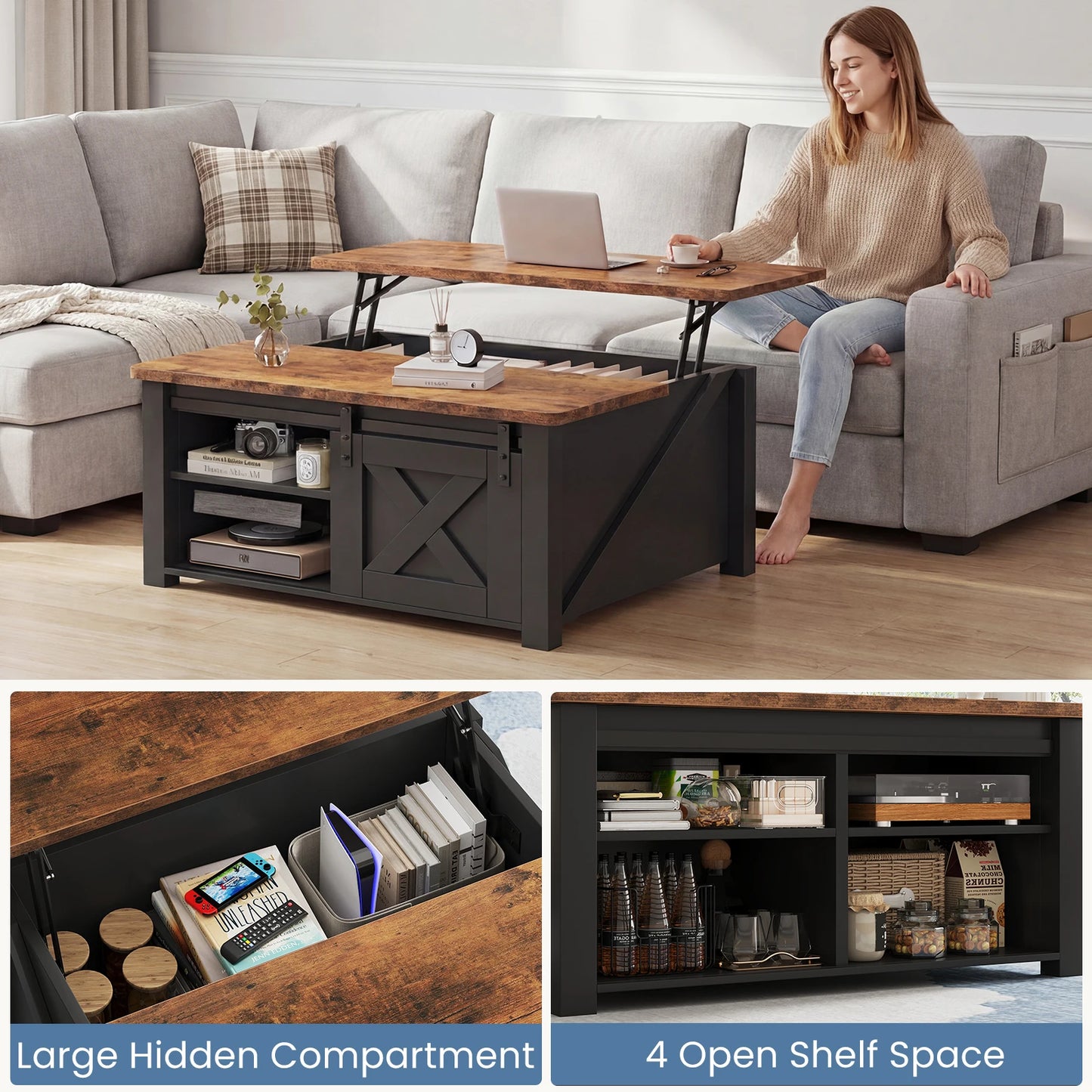 31.5In Wood Lift-Top Coffee Tables with Storage