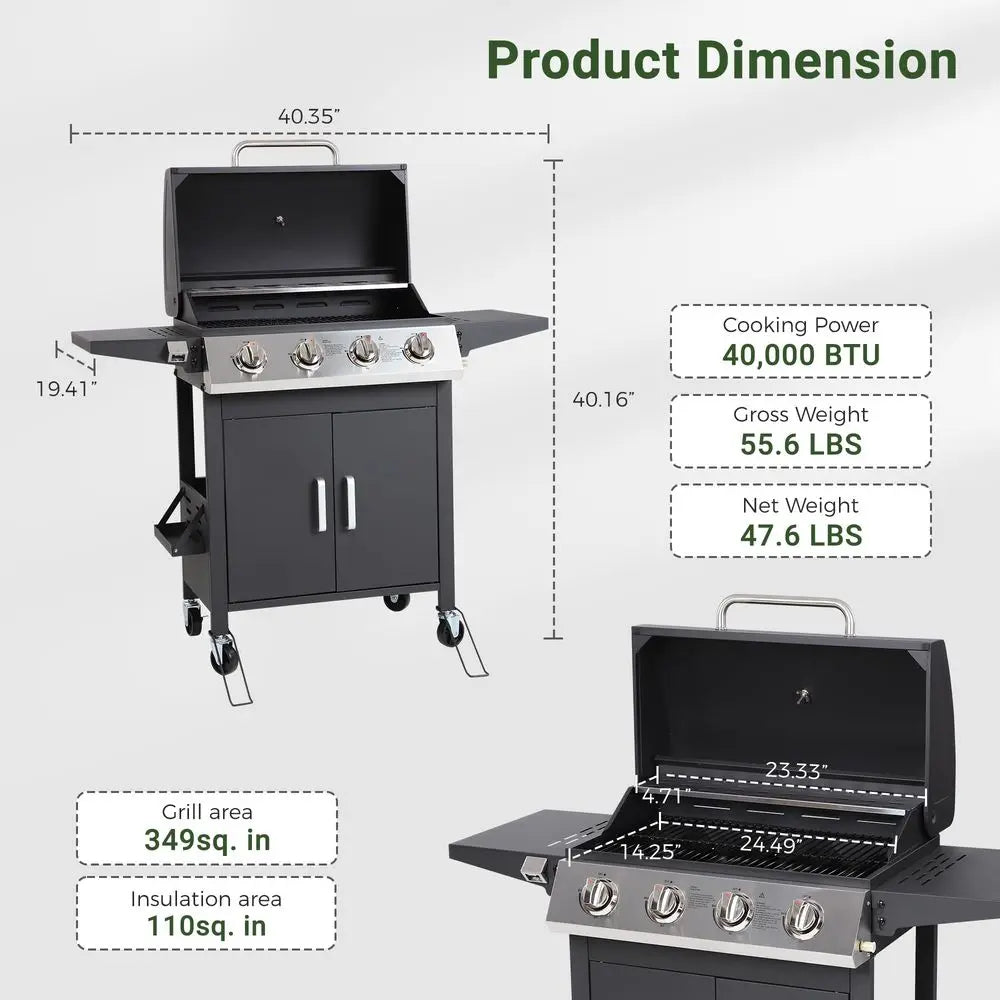 4 Burner Propane Gas BBQ Grill with Wheels