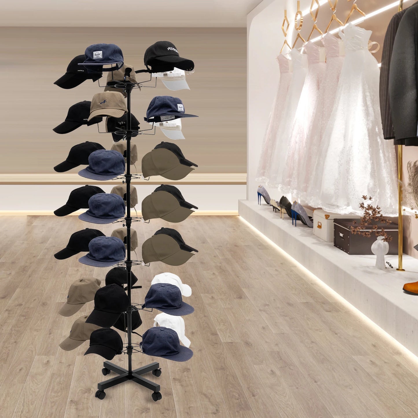 Mobile 7-Tier Black Hat Rack Stand