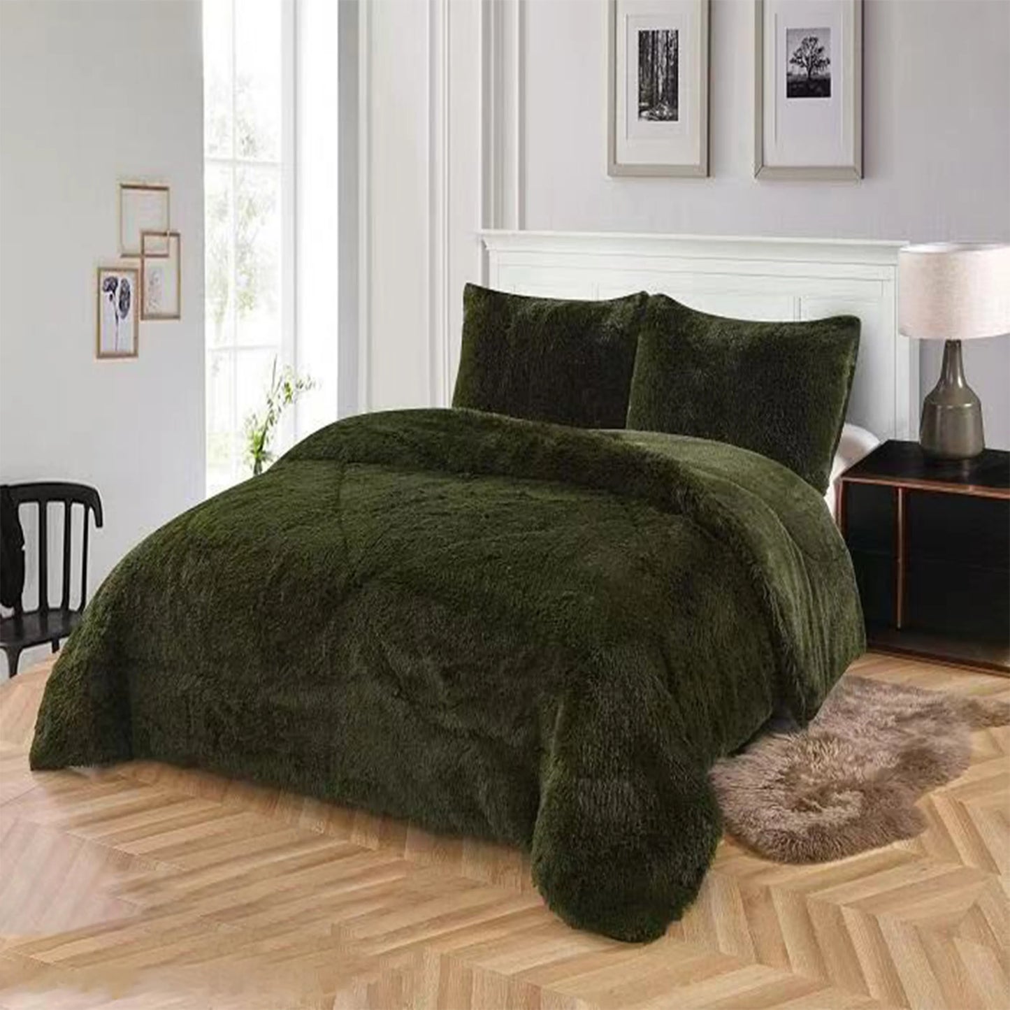 3pc Solid Color Shaggy Comforter Set Luxury PV Faux Fur & Soft Velvet Back Ultra Plush Warm Winter Quilt Thick Minky Fleece Cozy