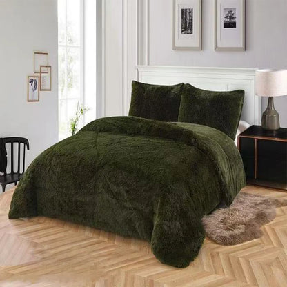 3pc Solid Color Shaggy Comforter Set Luxury PV Faux Fur & Soft Velvet Back Ultra Plush Warm Winter Quilt Thick Minky Fleece Cozy