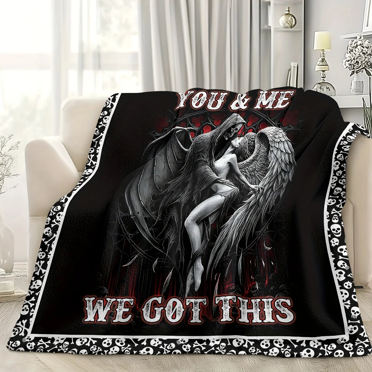 Reversible Skull and Angel Fleece Throw Blanket