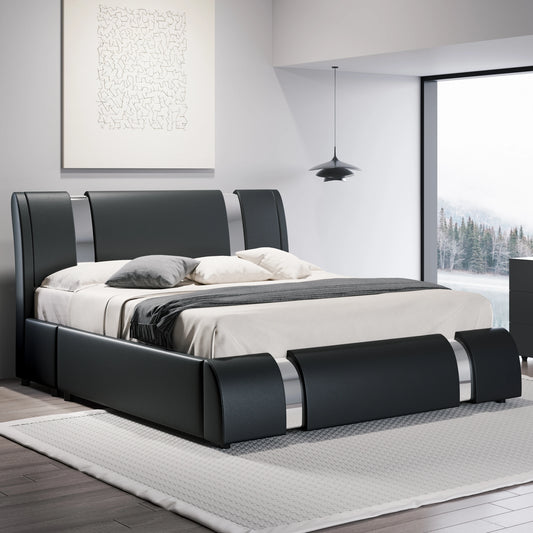Faux Leather Bed Frame with Iron Pieces Decor