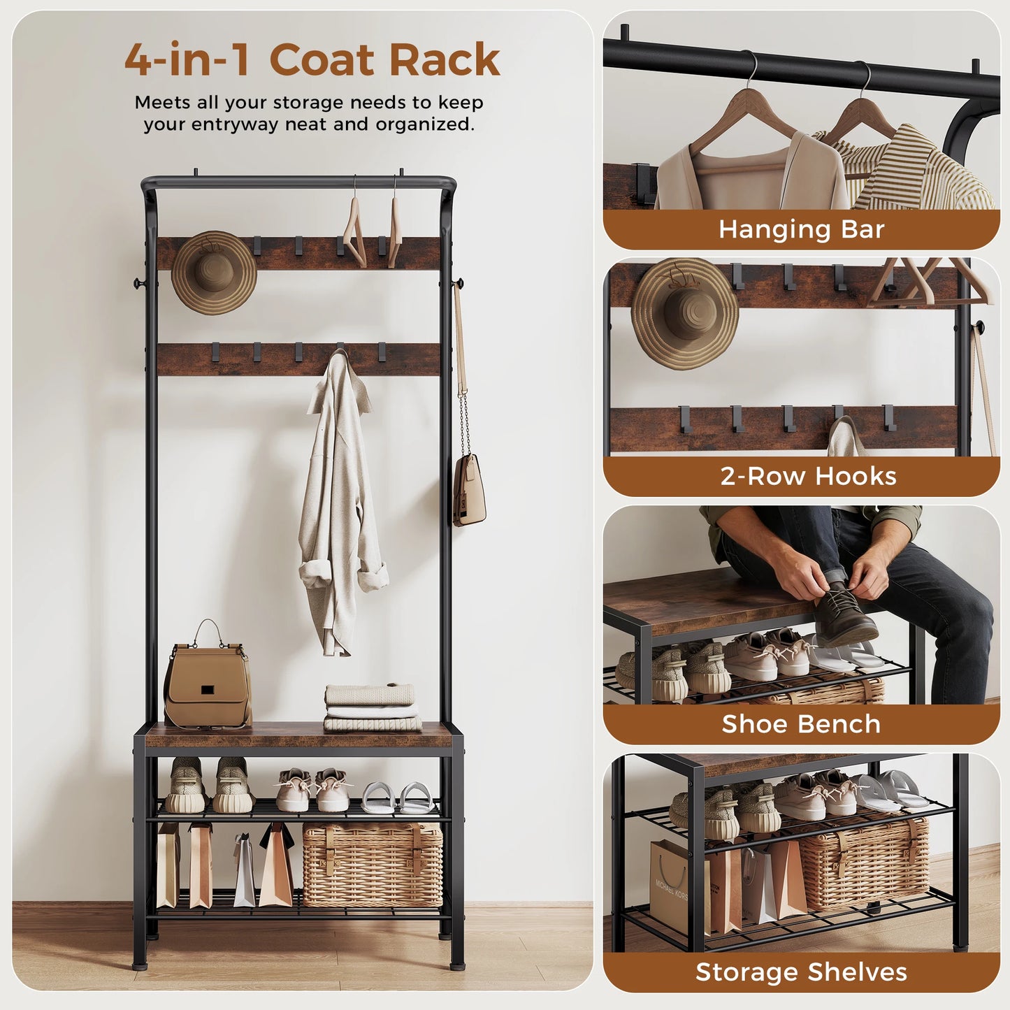 Coat Rack Shoe Bench with Hooks