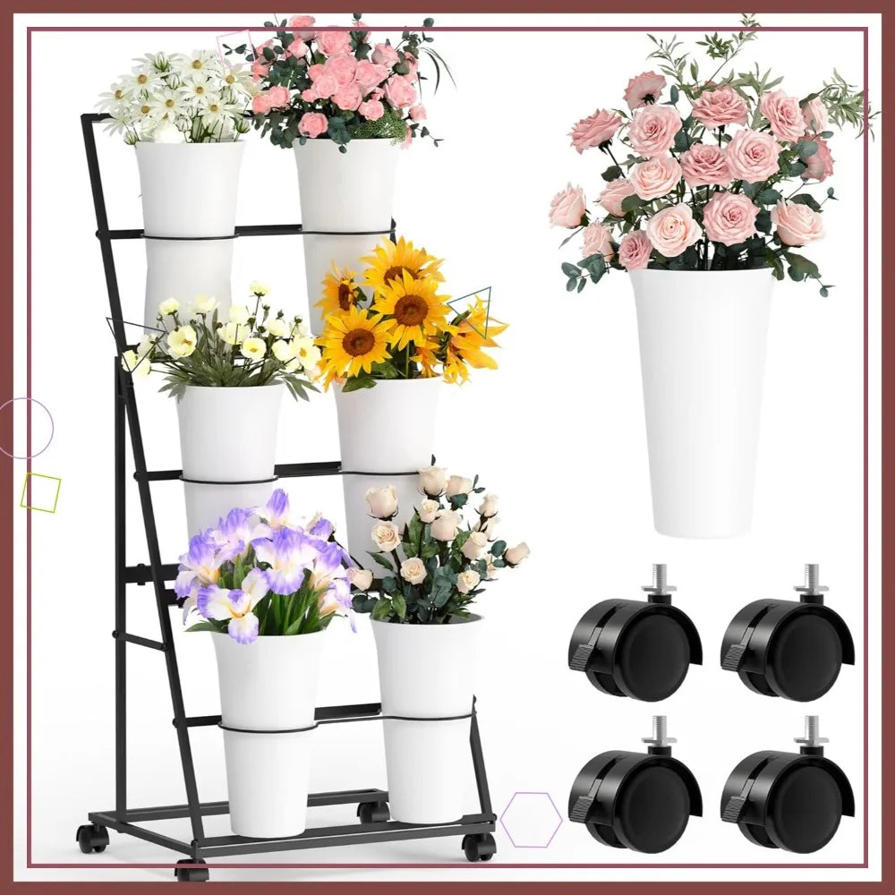 Flower Cart with 6 Removable Buckets & Wheels
