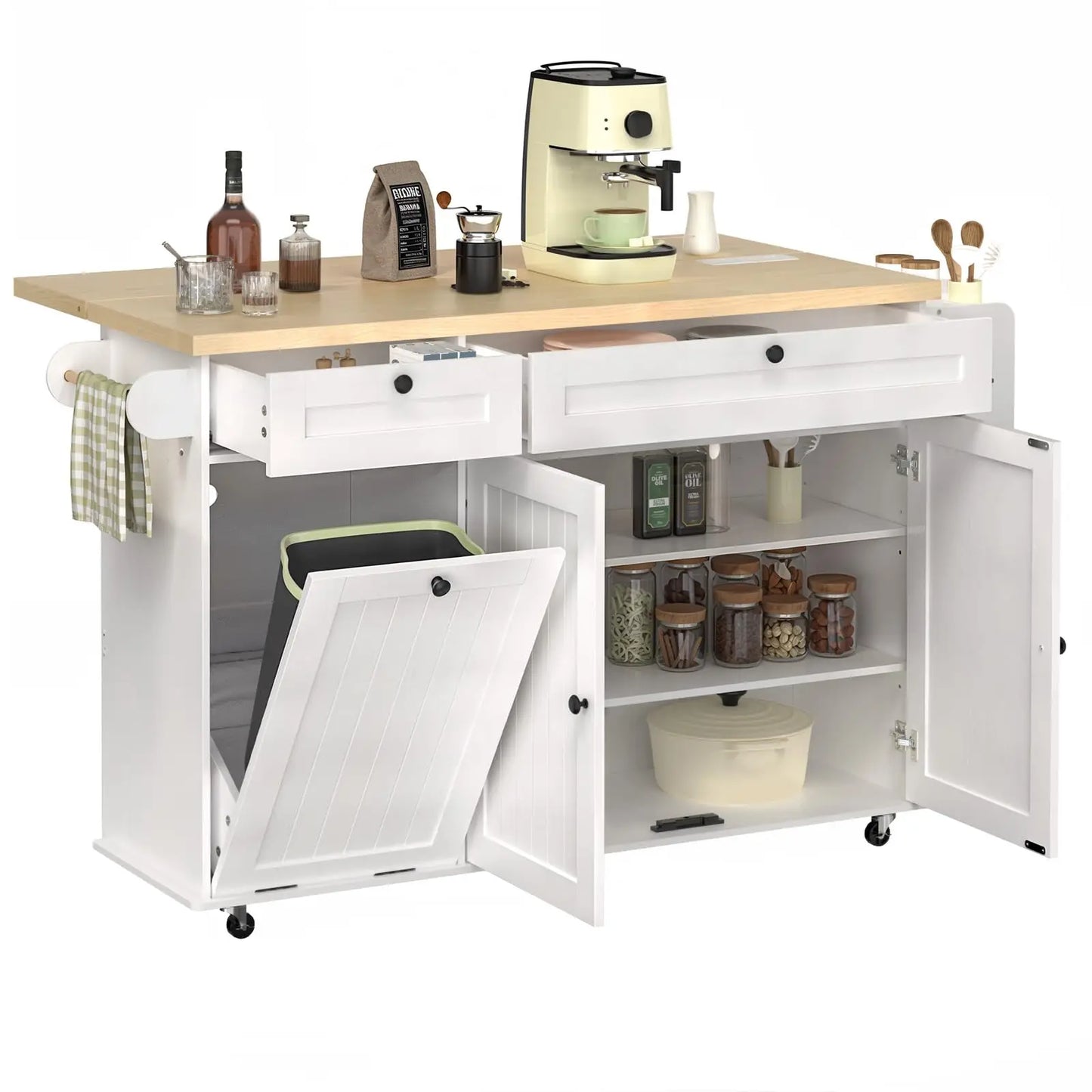 60" Mobile Kitchen Island Rolling Trolley. Kitchen Island Table Drop Leaf Home Carts with Power Outlet Spice Towel Rack Trash
