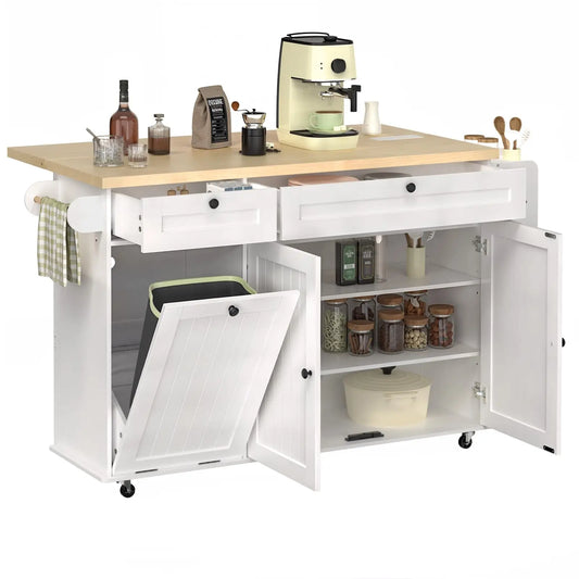 60" Mobile Kitchen Island Rolling Trolley. Kitchen Island Table Drop Leaf Home Carts with Power Outlet Spice Towel Rack Trash