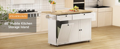 60" Mobile Kitchen Island Rolling Trolley. Kitchen Island Table Drop Leaf Home Carts with Power Outlet Spice Towel Rack Trash