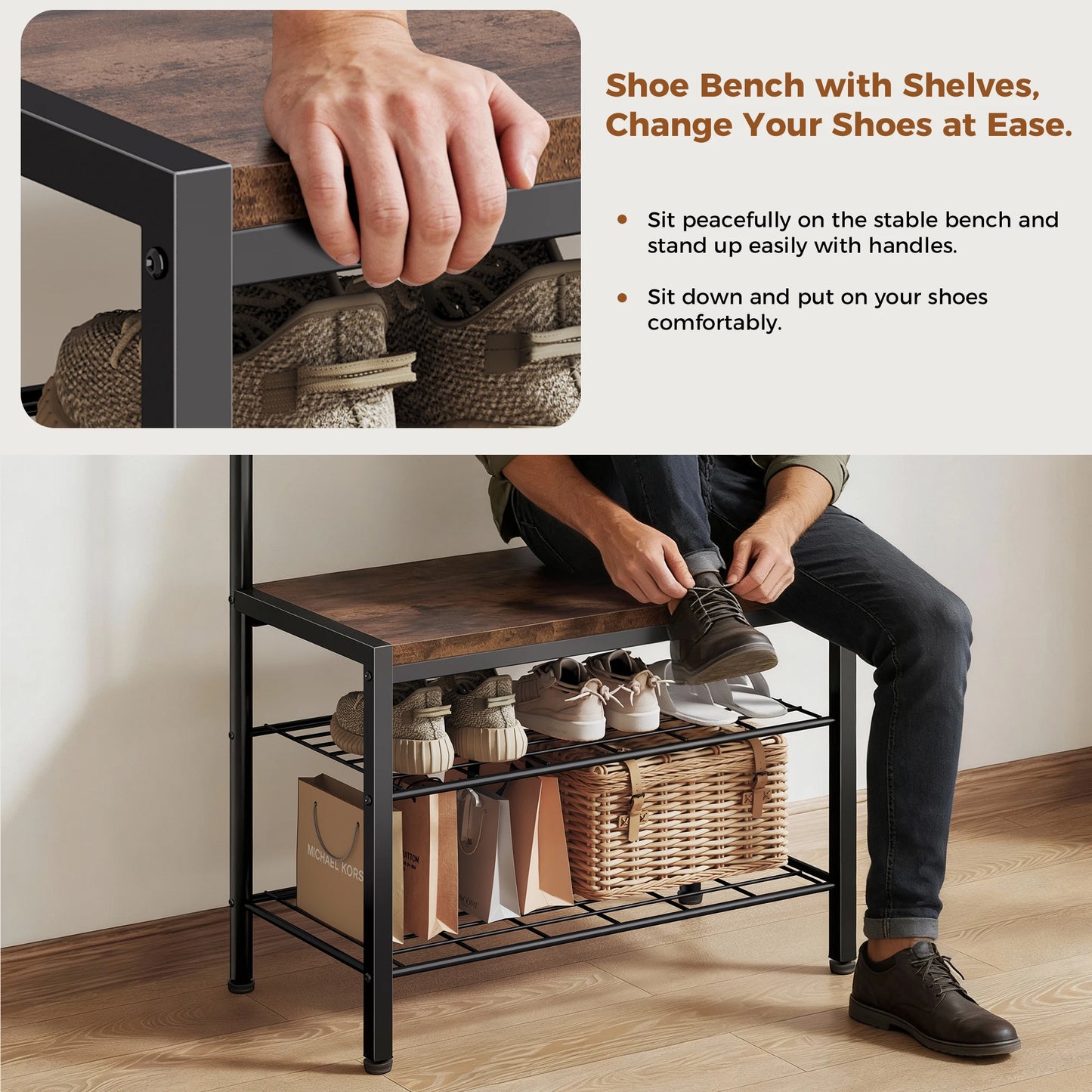Coat Rack Shoe Bench with Hooks