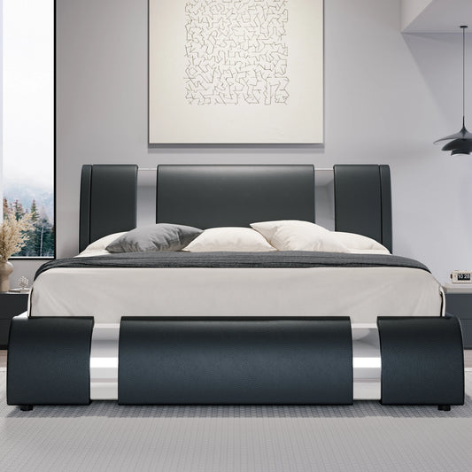 Faux Leather Bed Frame with Iron Pieces Decor