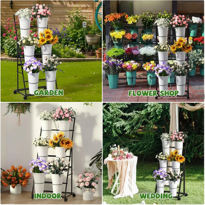 Flower Cart with 6 Removable Buckets & Wheels