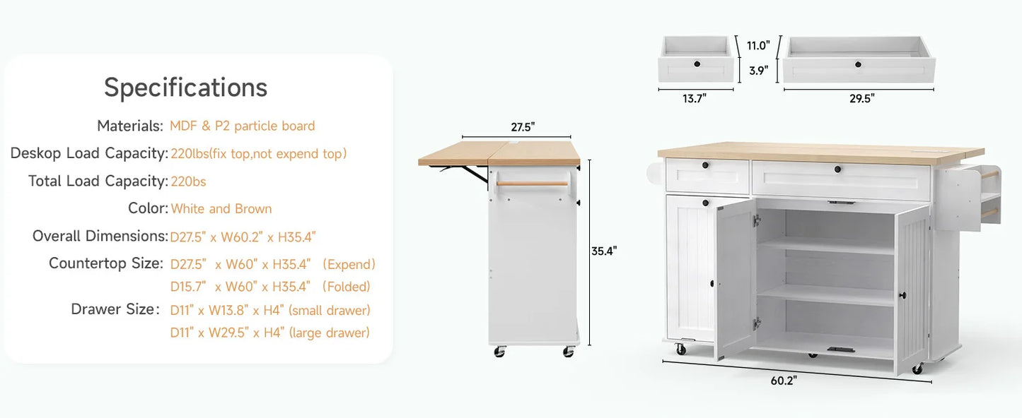 60" Mobile Kitchen Island Rolling Trolley. Kitchen Island Table Drop Leaf Home Carts with Power Outlet Spice Towel Rack Trash