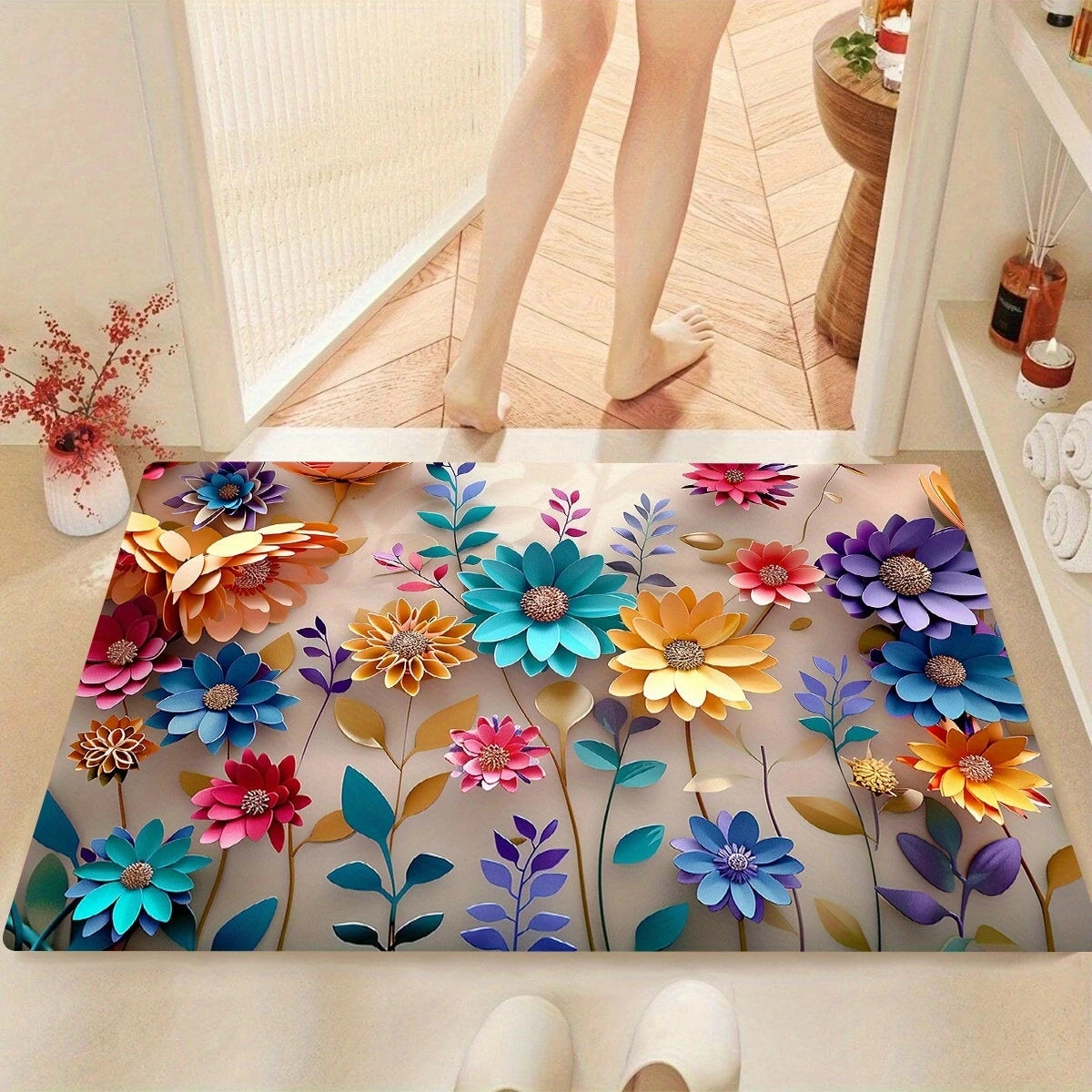 1pc multi-color floral print design bathroom mat
