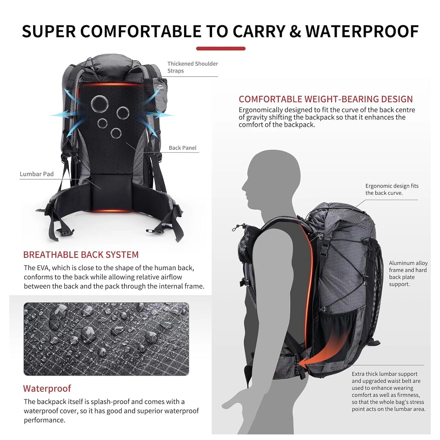 Outdoor Backpack 60+5L Waterproof High Capacity Sports