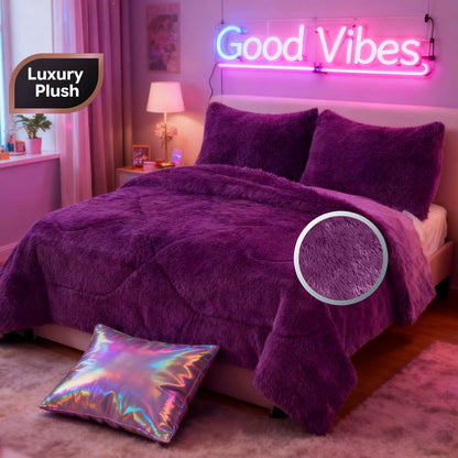 3pc Solid Color Shaggy Comforter Set Luxury PV Faux Fur & Soft Velvet Back Ultra Plush Warm Winter Quilt Thick Minky Fleece Cozy