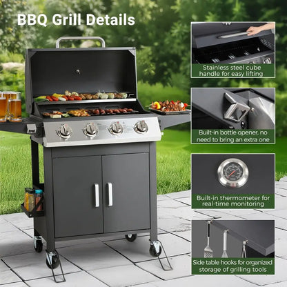 4 Burner Propane Gas BBQ Grill with Wheels