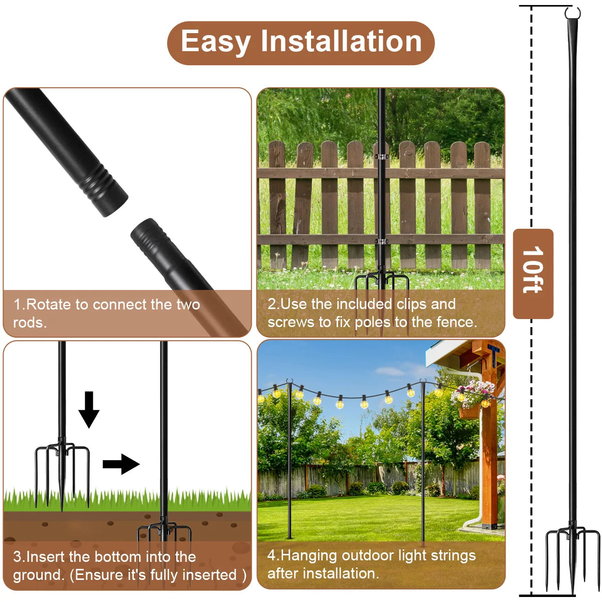 10ft Metal String Light Poles with Fork
