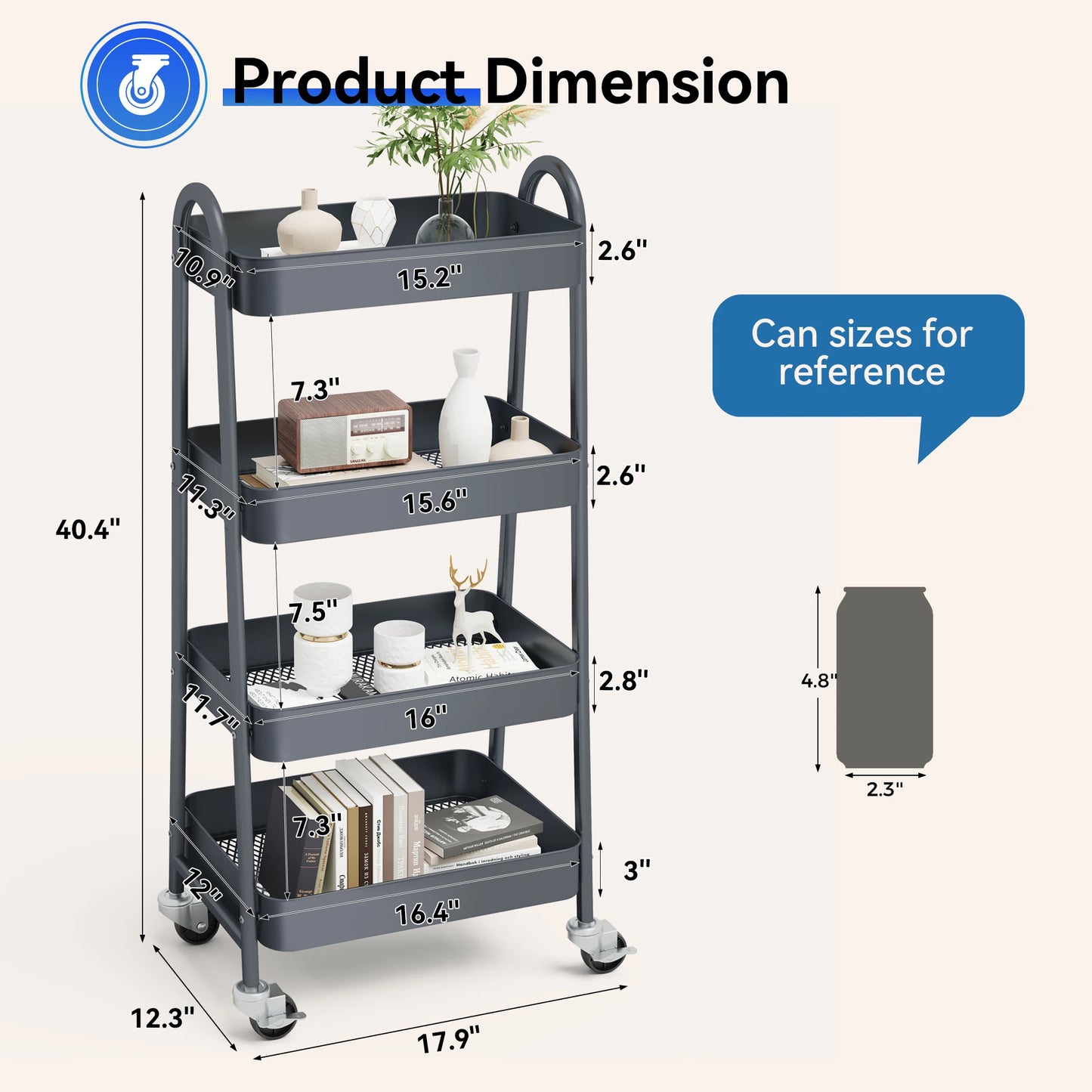 4-Tier Storage Kitchen Cart with Lockable Wheels