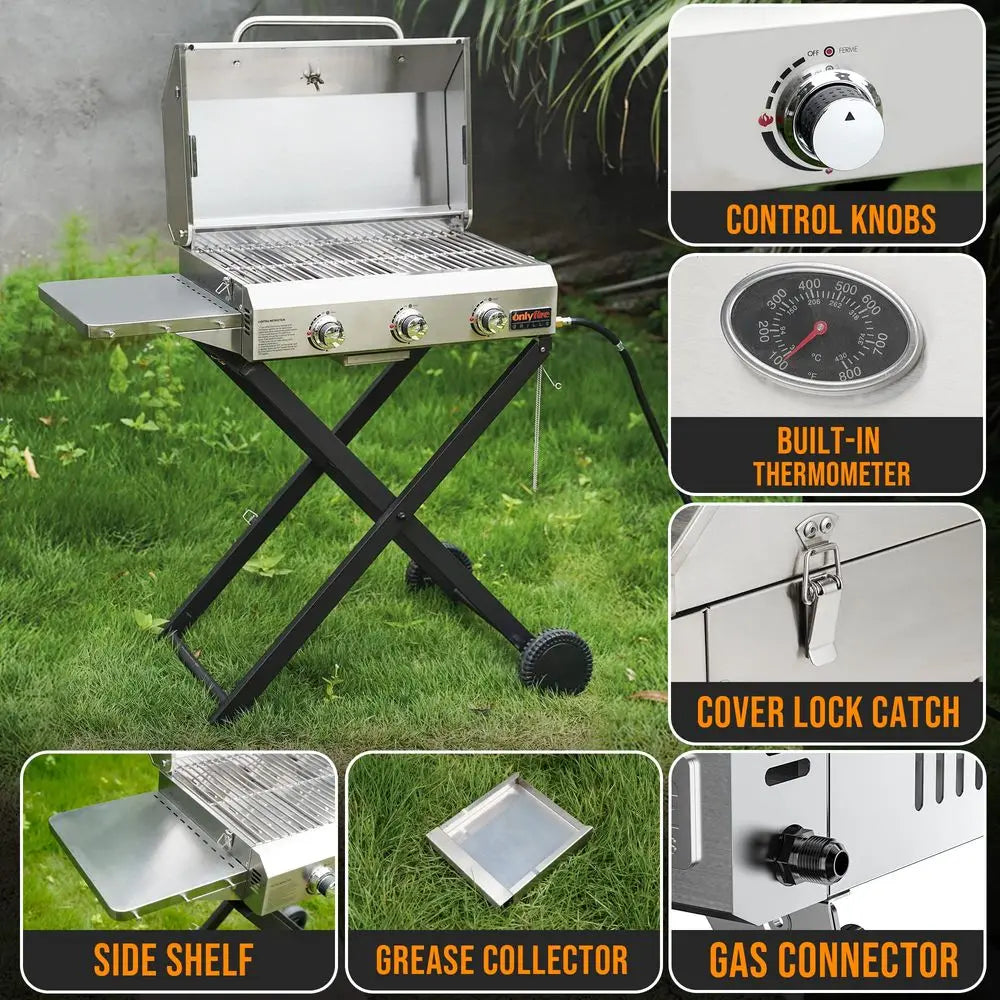 3Burner Gas Grill with Foldable Cart