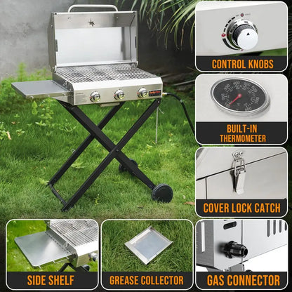 3Burner Gas Grill with Foldable Cart