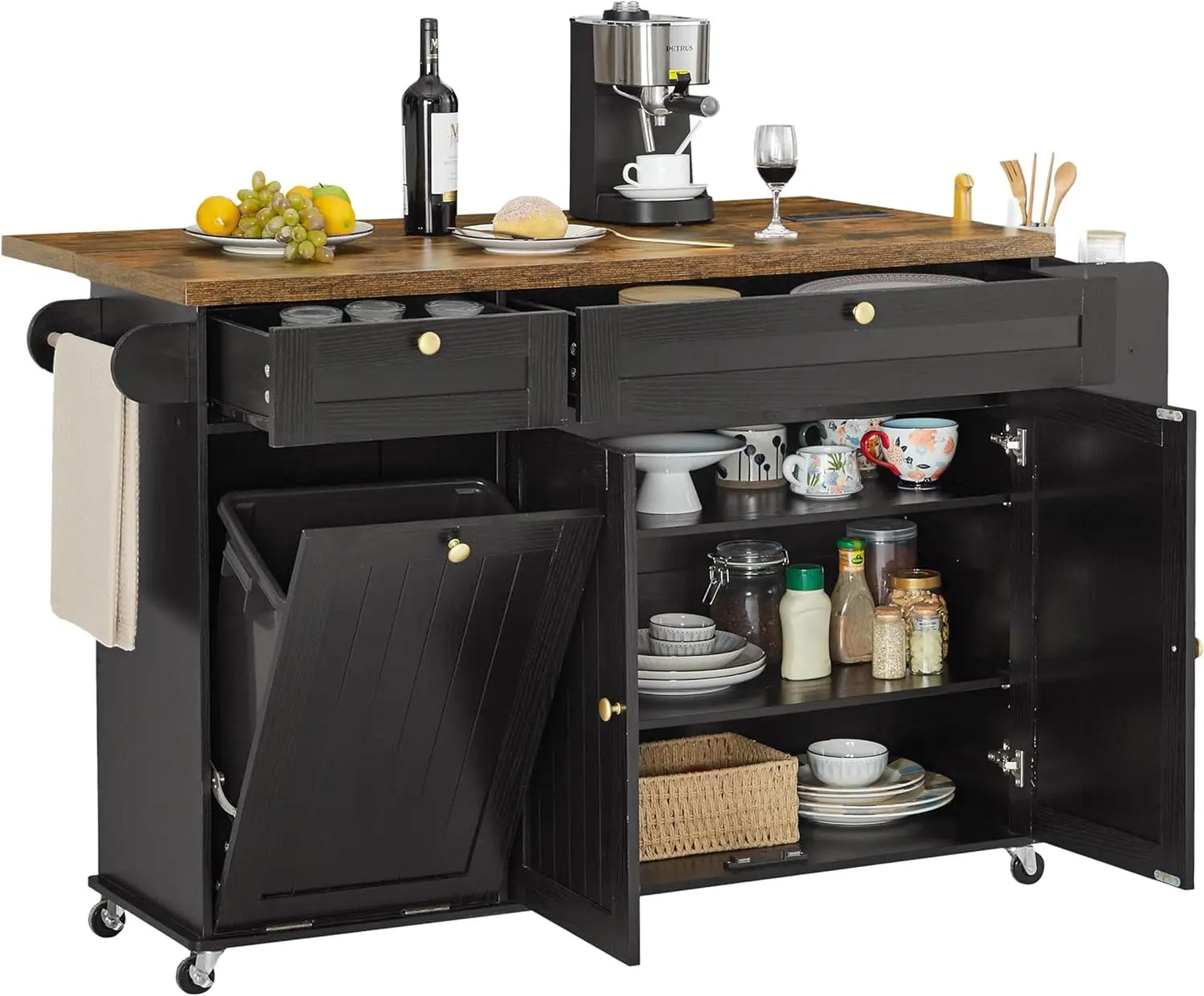 60" Mobile Kitchen Island Rolling Trolley. Kitchen Island Table Drop Leaf Home Carts with Power Outlet Spice Towel Rack Trash