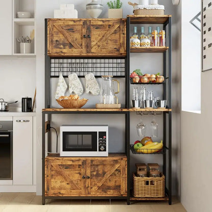 Bakers Rack with 2 Storage Cabinets and Outlet