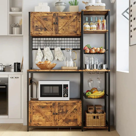 Bakers Rack with 2 Storage Cabinets and Outlet