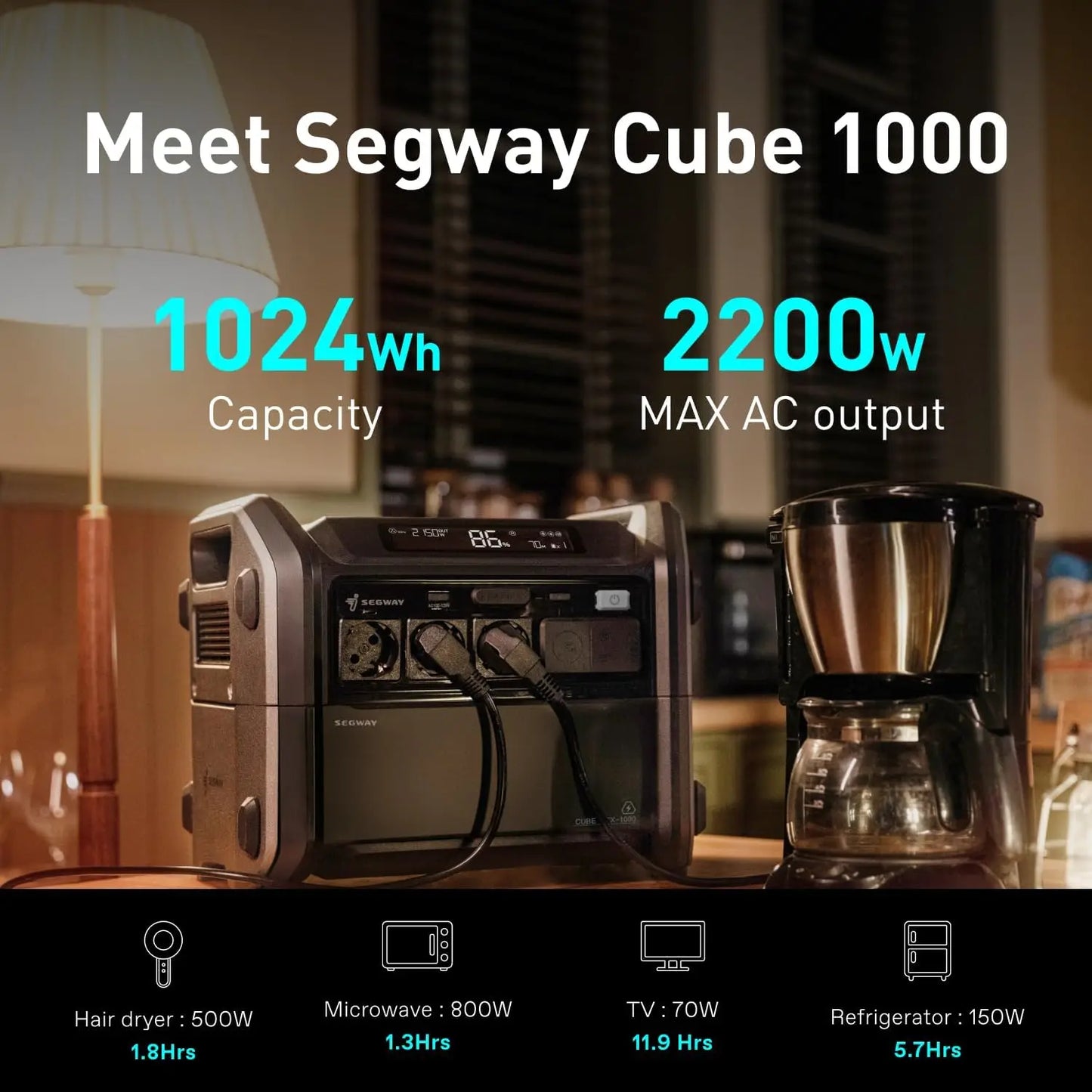 Portable Power Station Cube 1000, 2200W AC Outlets