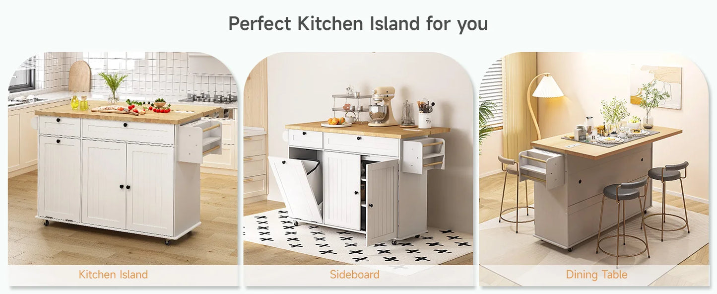 60" Mobile Kitchen Island Rolling Trolley. Kitchen Island Table Drop Leaf Home Carts with Power Outlet Spice Towel Rack Trash